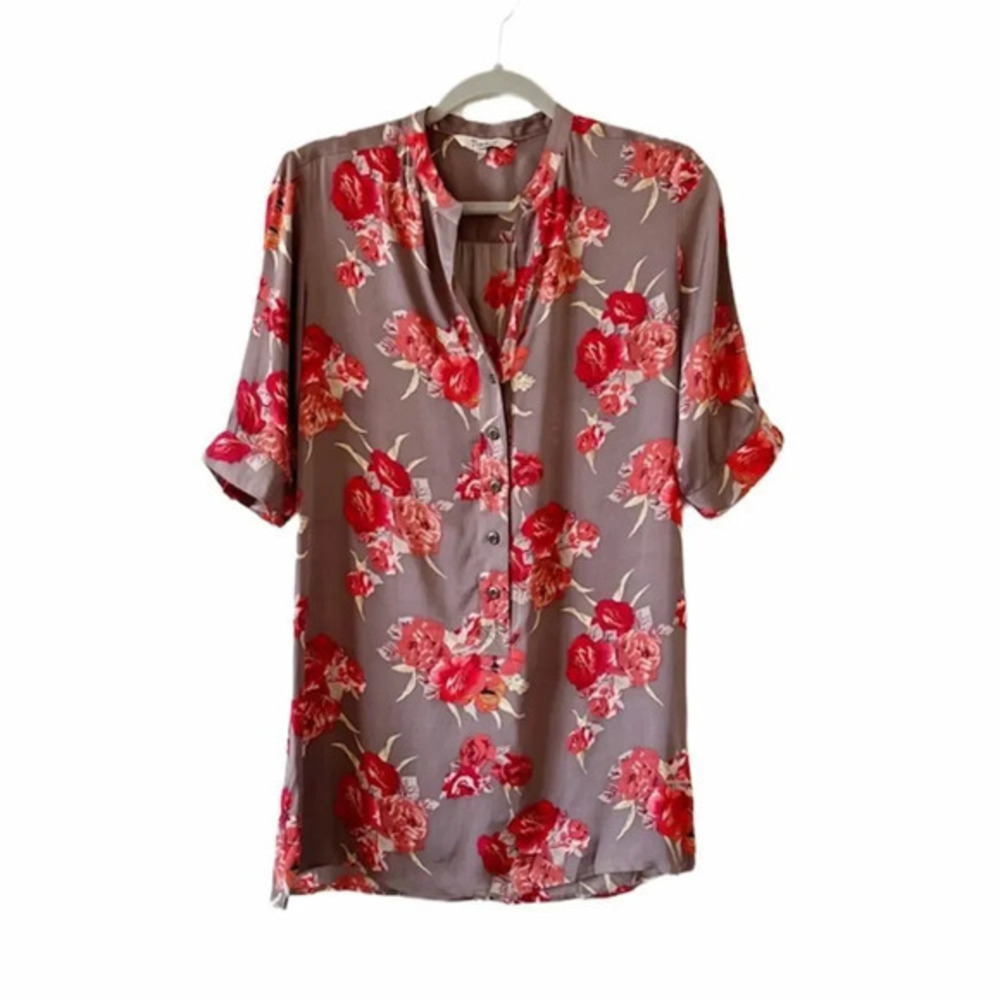 Tucker NYC Taupe Silk‎ Floral Blouse S